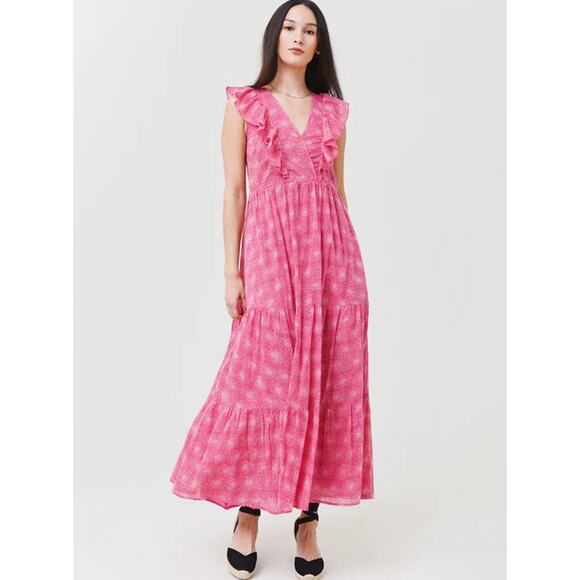 Banjanan‎ Orion Ruffle Floral Cotton Midi Dress Petal Power Fuchsia Size Large